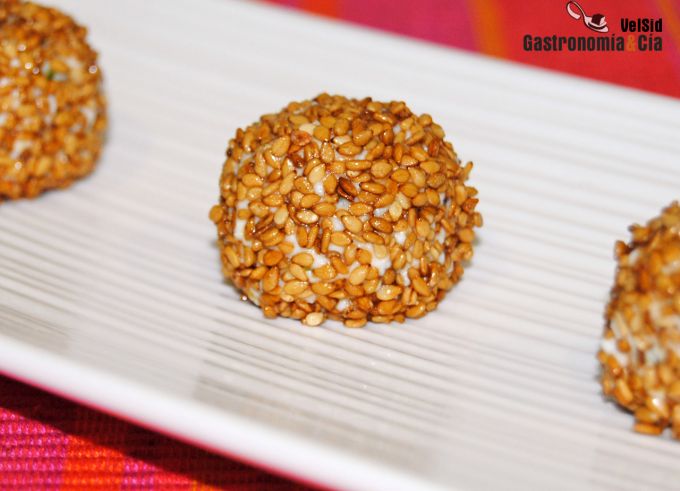 Appetizer goat cheese and dried fruit with sesame seeds c